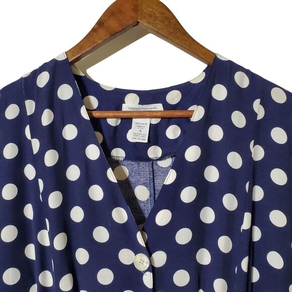 Vintage Express Polka Dot Dress 9/10 Blue White Button Front Rayon Midi Womens - Picture 3 of 11